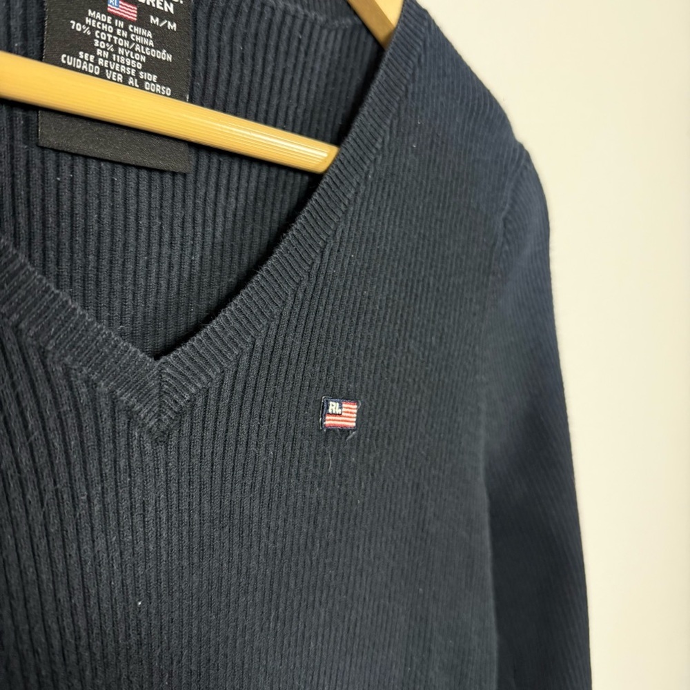 Vintage Polo Jeans Ralph Lauren V-Neck Ribbed Sweater Navy Blue M - Picture 7 of 8